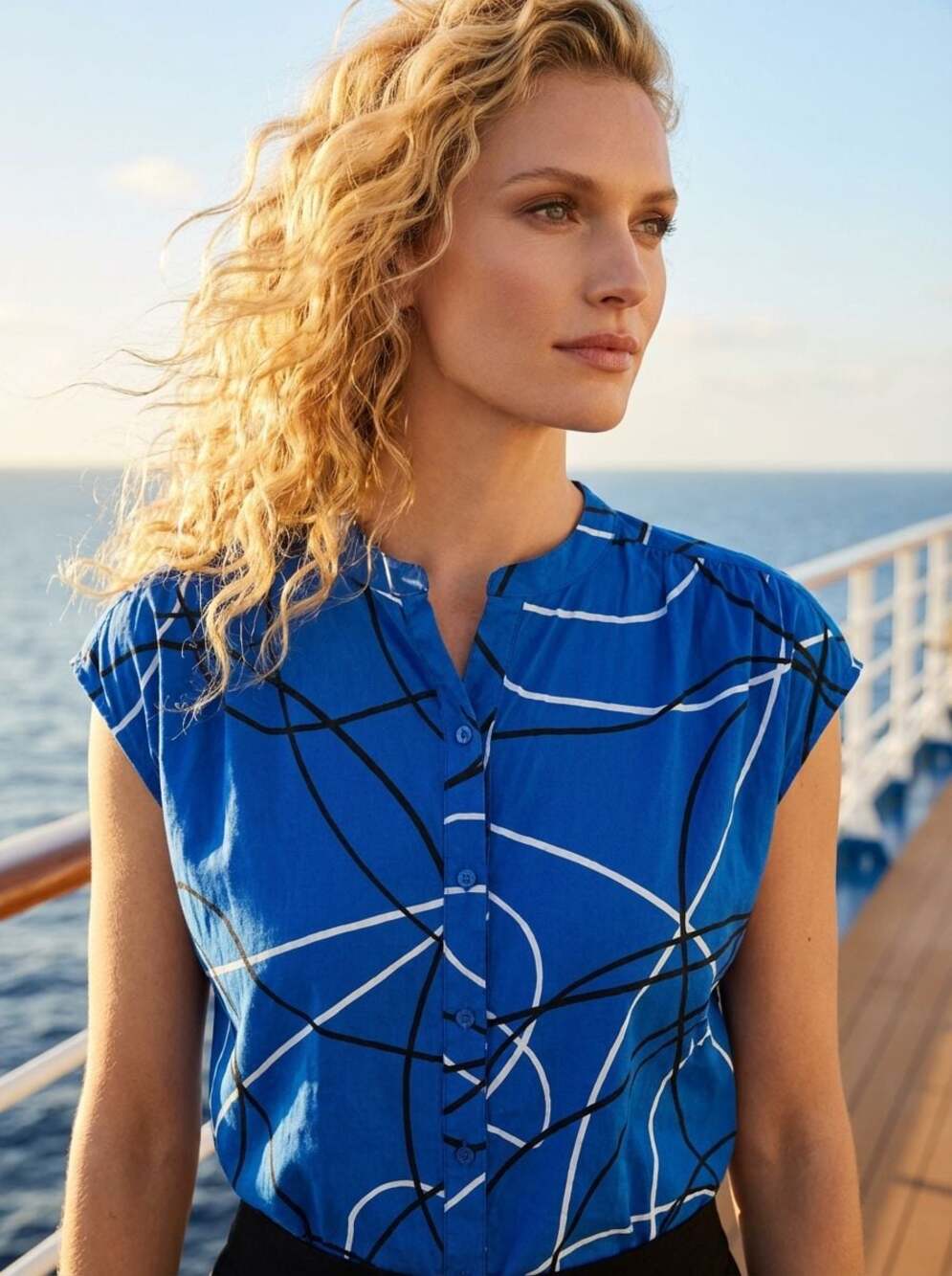Calvin Klein Blue Abstract Scribble Sleeveless Button Down Top Size S